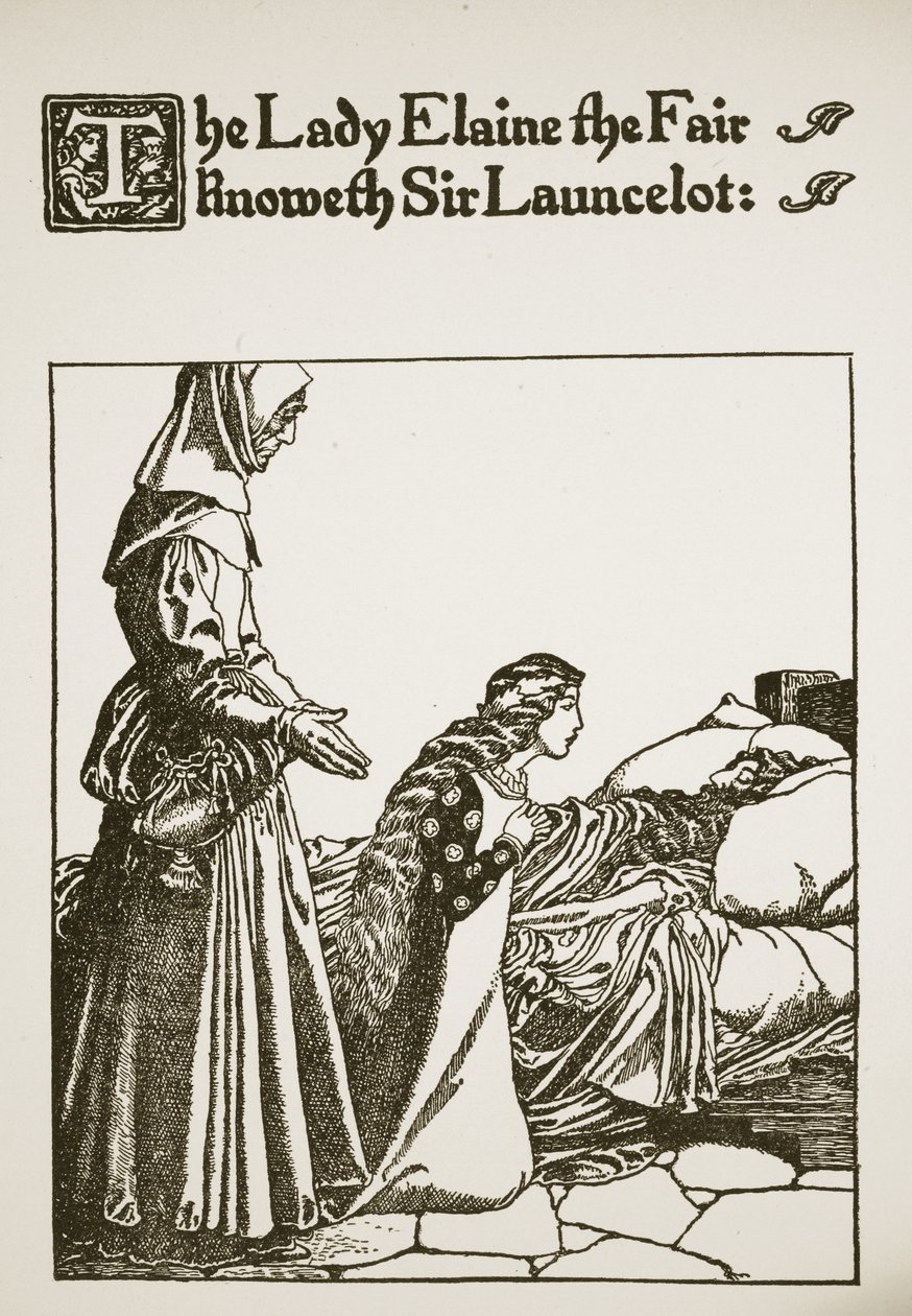 La dama Elaine la Bella conoce a Sir Launcelot, ilustración de 