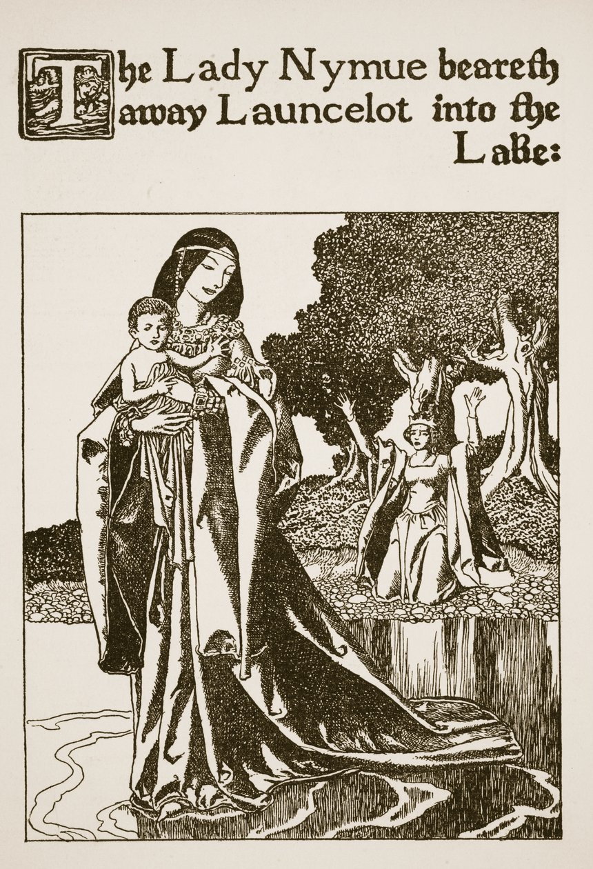 La dama Nymue lleva a Launcelot al lago, ilustración de 