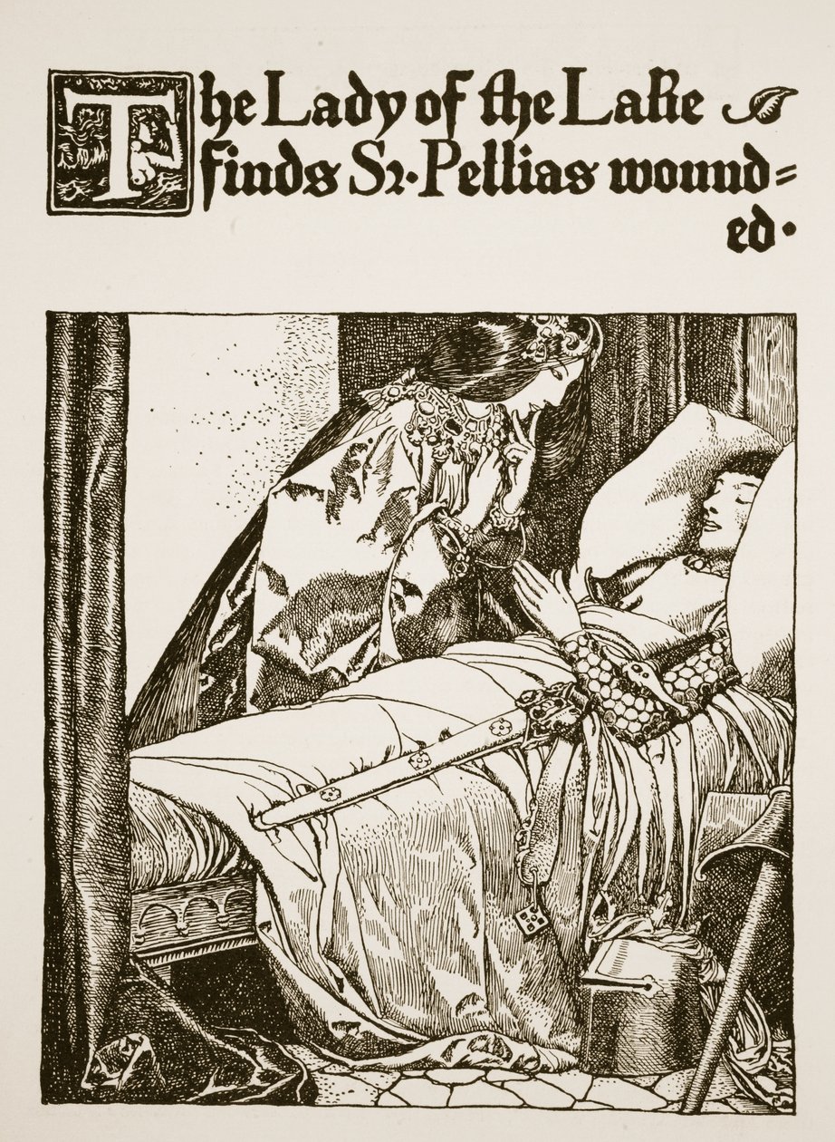La dama del lago encuentra a Sir Pellias herido, ilustración de 