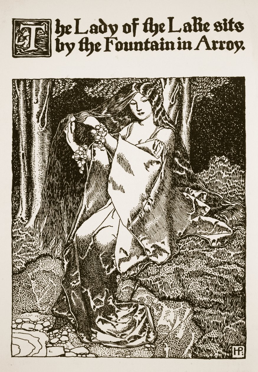 La Dama del Lago se sienta junto a la Fuente en Arroy, ilustración de 