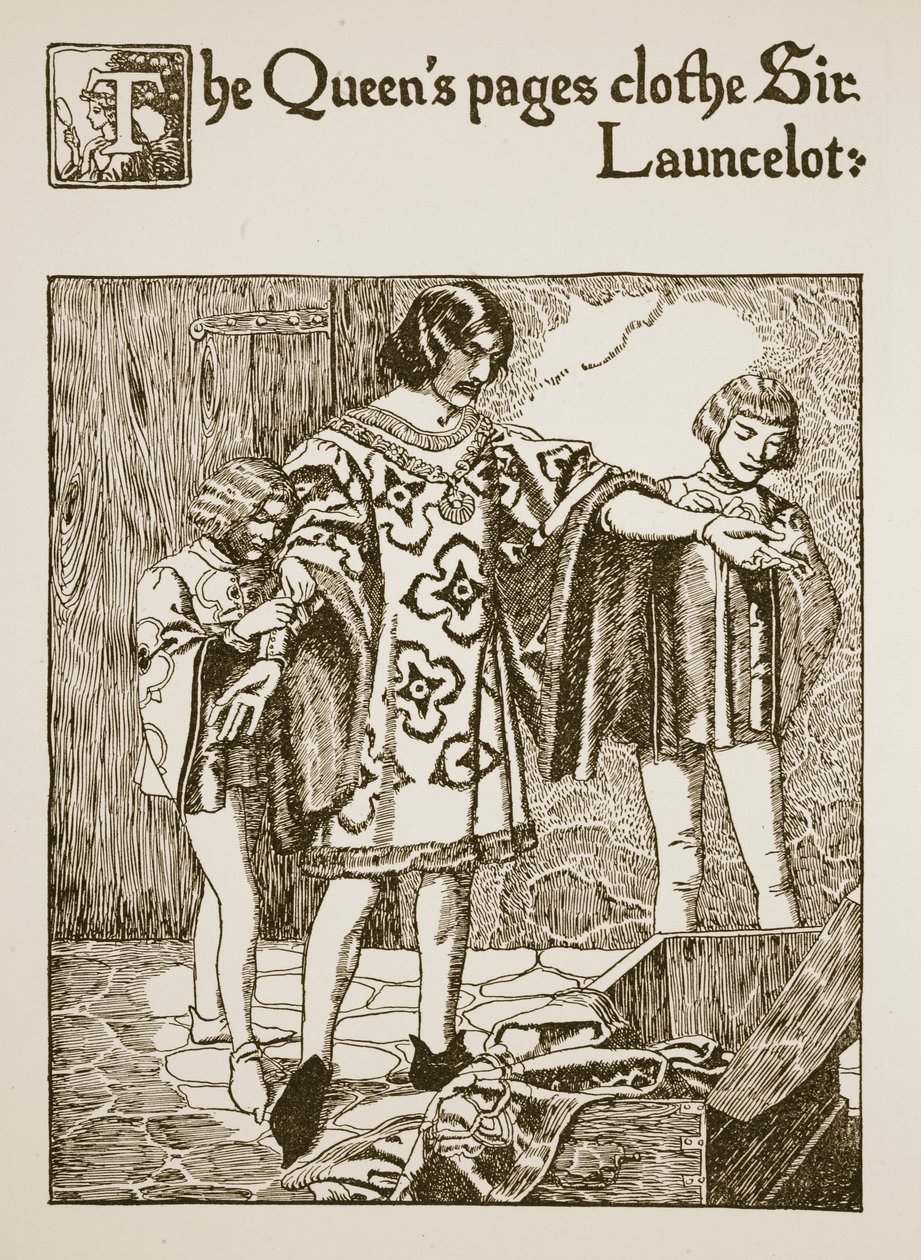 Los pajes de la Reina visten a Sir Launcelot, ilustración de 
