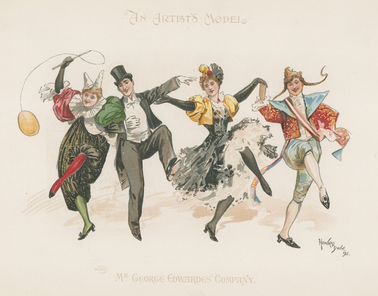 Un grupo de dos hombres y dos mujeres, todos disfrazados, bailando (litografía en color) de Howard Davie