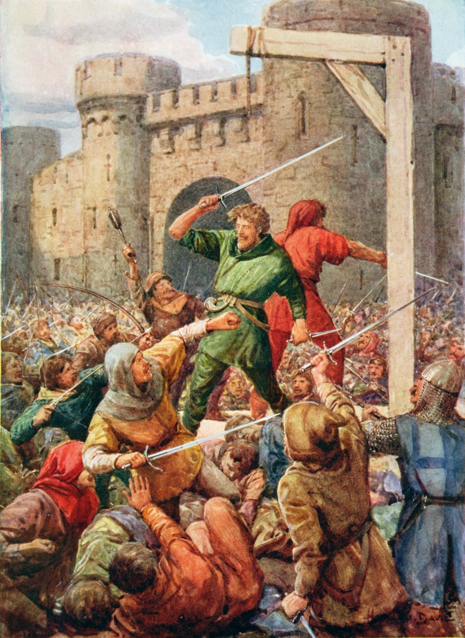 Los dos intrépidos estaban espalda con espalda, ilustración de "Robin Hood y su vida en el alegre bosque verde", contada por Rose Yeatman Woolf, publicada por Raphael Tuck de Howard Davie