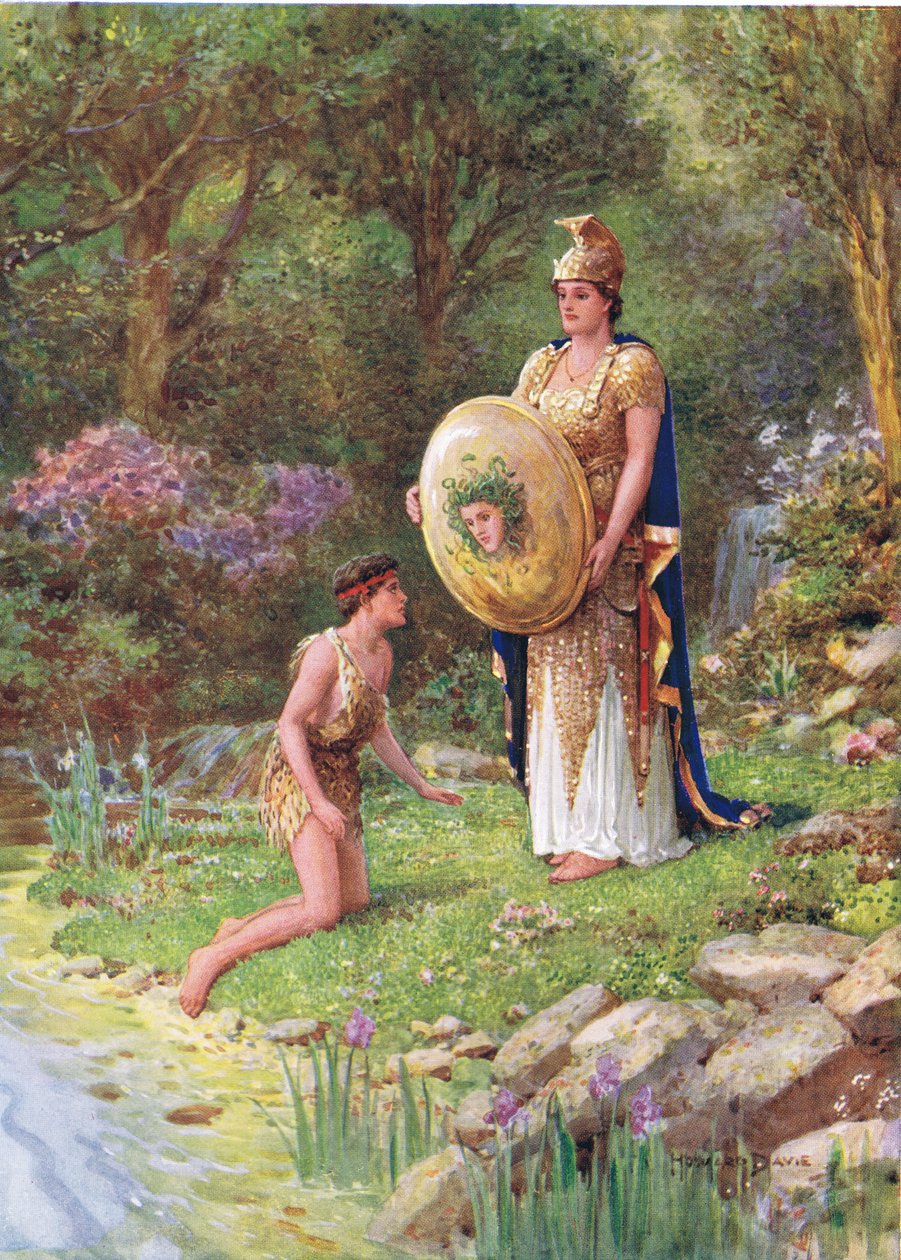 "¿Te atreves a enfrentarte a un monstruo como éste?", ilustración de "Cómo Perseo hizo un voto temerario", de Los héroes de los cuentos de hadas griegos, de Charles Kingsley (1819-75) (litografía en color) de Howard Davie