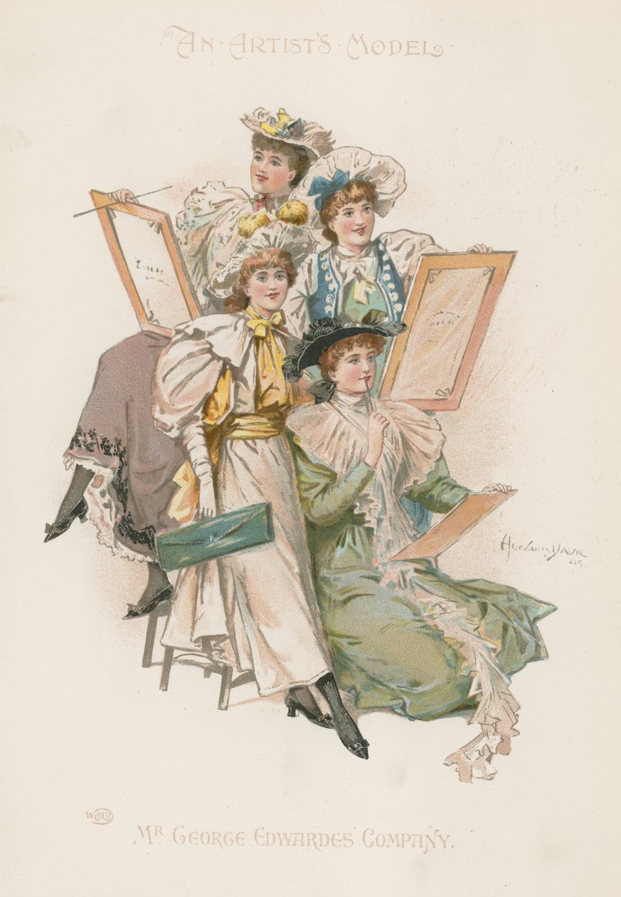 Grupo de cuatro mujeres bien vestidas sosteniendo tableros de dibujo (litografía en color) de Howard Davie