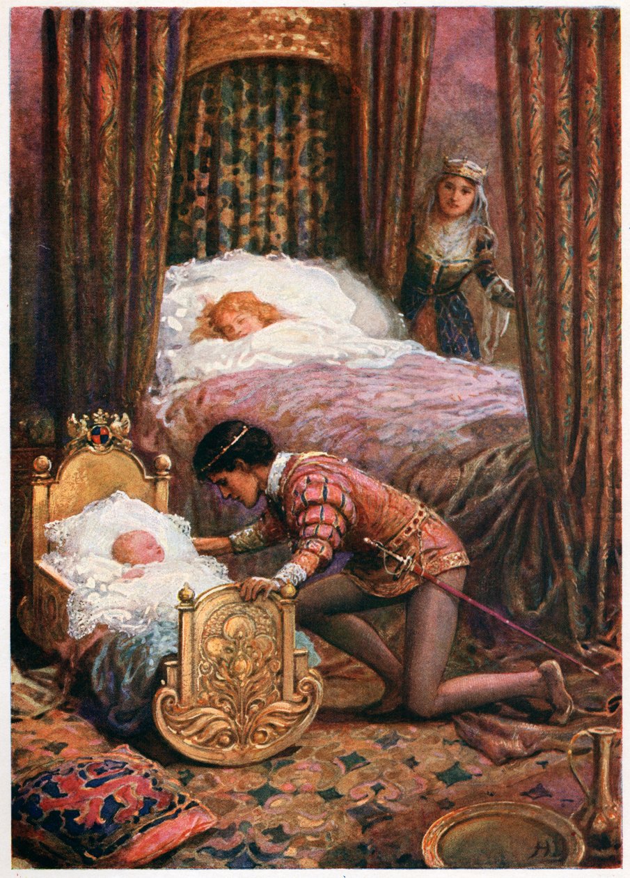Se inclinó para besar al pequeño", de Cuentos italianos, de Lilia E. Romano, publicado por Raphael Tuck & Sons (litografía en color) de Howard Davie