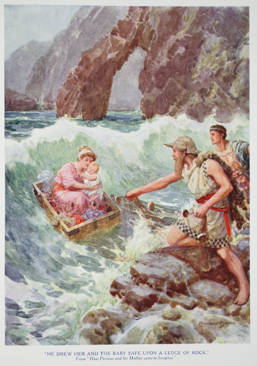 "La llevó a ella y al bebé a salvo a un saliente de la roca" (litografía en color) de Howard Davie