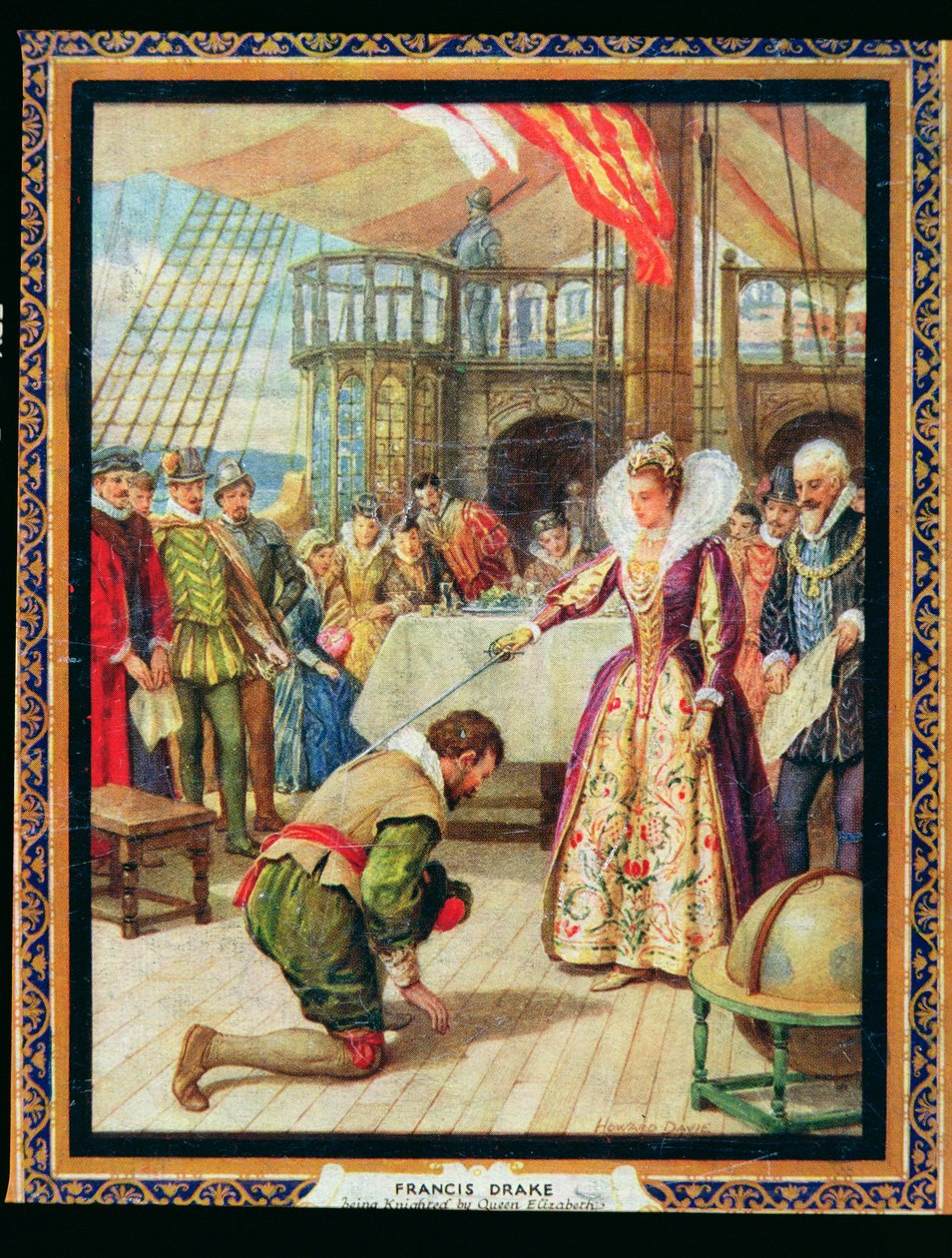 La reina Isabel I (1530-1603) arma a Francis Drake (1540-96), ilustración de "Héroes de la Historia" (litografía en color) de Howard Davie