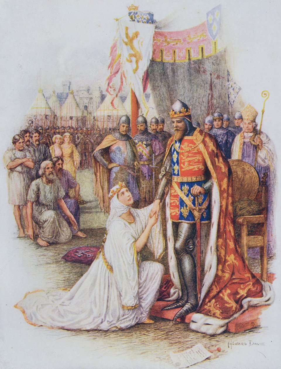 La reina Philippa abogando por los ciudadanos de Calais, ilustración de "Stories of Royal Children from English History", de Doris Ashley, publicada por Raphael Tuck de Howard Davie