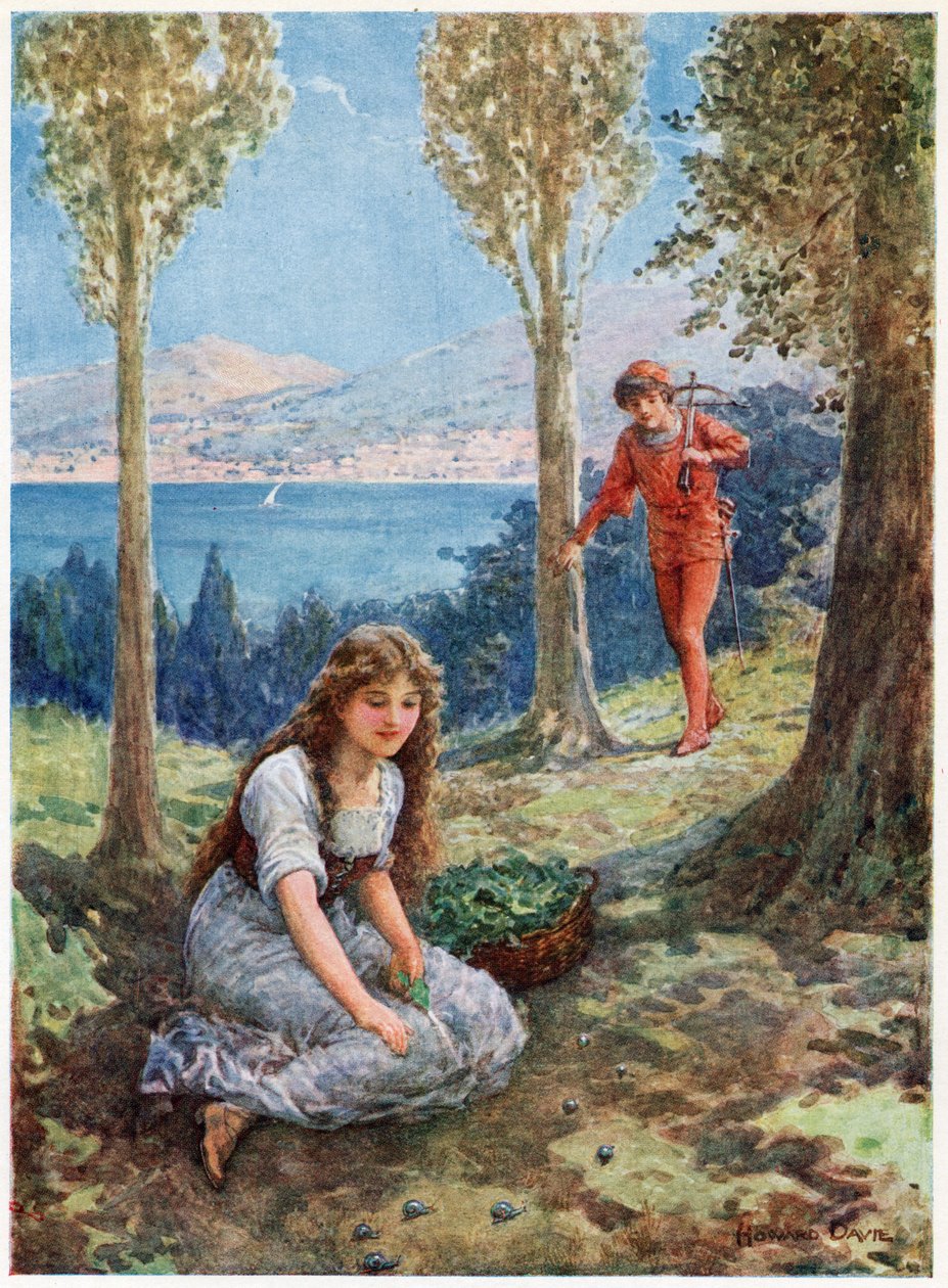 De repente se detuvo y miró embelesado", de Italian Fairy Tales, de Lilia E. Romano, publicado por Raphael Tuck & Sons (litografía en color) de Howard Davie