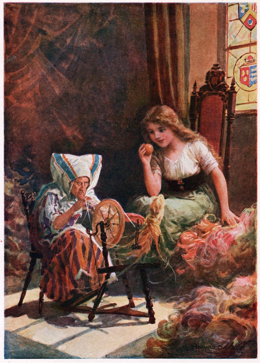 Miles de madejas de la más suave seda", de Cuentos italianos, de Lilia E. Romano, publicado por Raphael Tuck & Sons (litografía en color) de Howard Davie