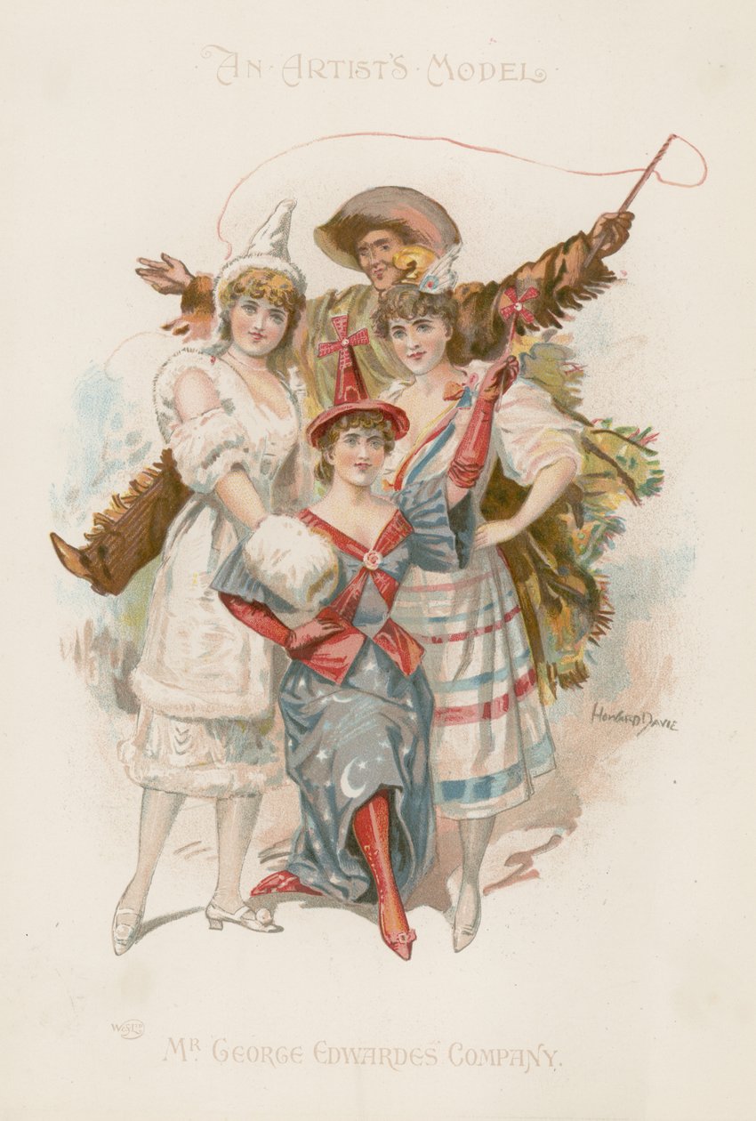 Tres bailarinas disfrazadas con un hombre que sostiene un látigo (litografía en color) de Howard Davie