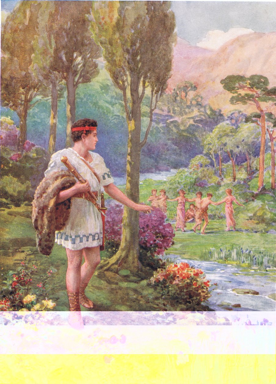 Bajo la sombra de las rocas y los árboles bailaban ninfas y pastores", ilustración de "Cómo Teseo mató a los devoradores de hombres", de Los héroes de los cuentos de hadas griegos, de Charles Kingsley (1819-75) (litografía en color) de Howard Davie