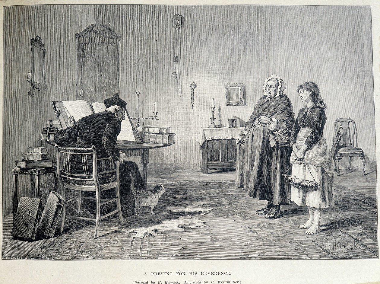 Dos mujeres irlandesas llevan un regalo a un religioso. Grabado de H. Werdmuller después de la pintura de H. Helmick en el siglo XIX de Howard Helmick