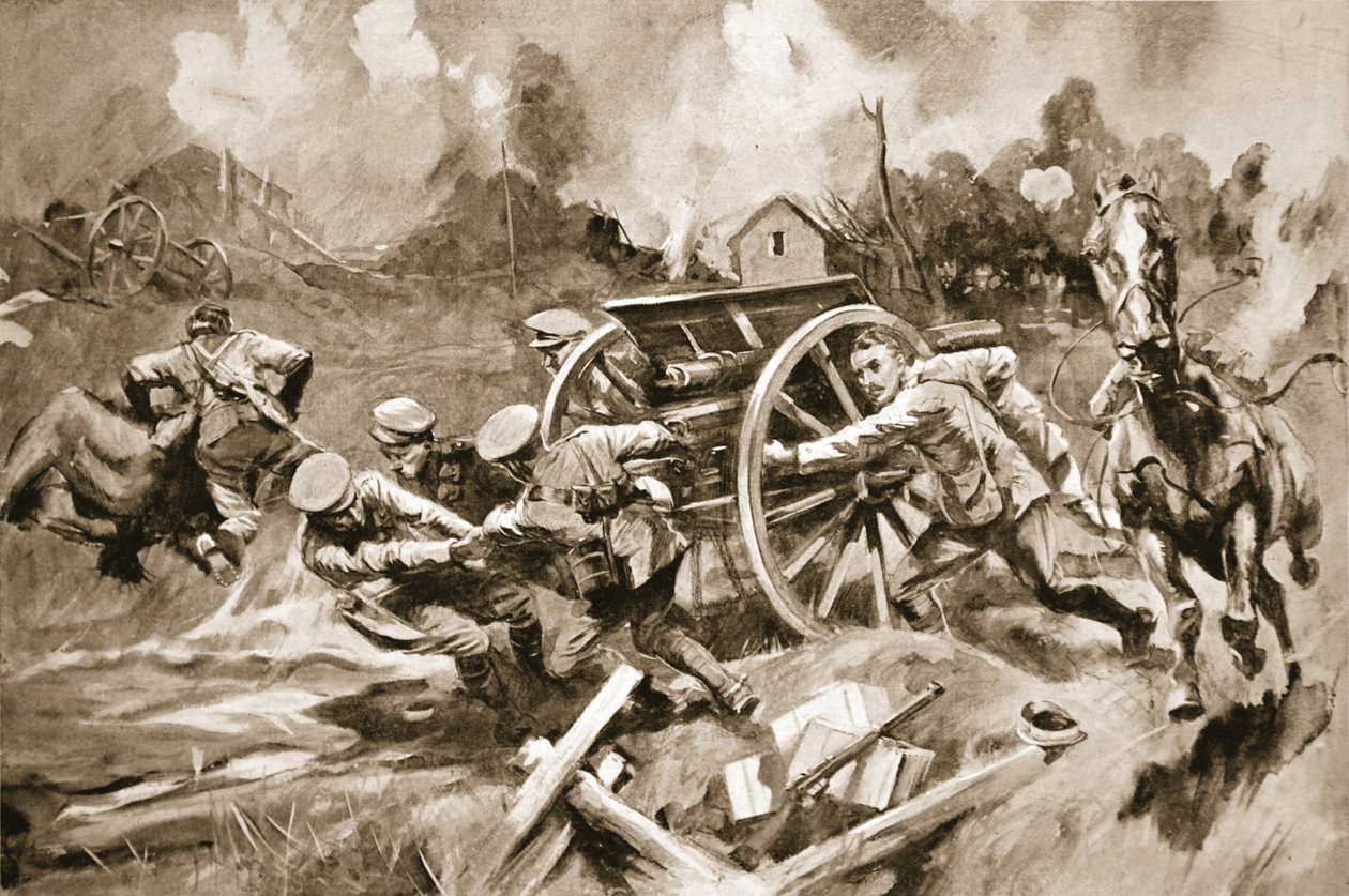 Sargento Herrador T. Harrison rescatando caballos y cañones de una posición insostenible bajo fuego de artillería cuando el oficial al mando había sido herido de Howard K. Elcock