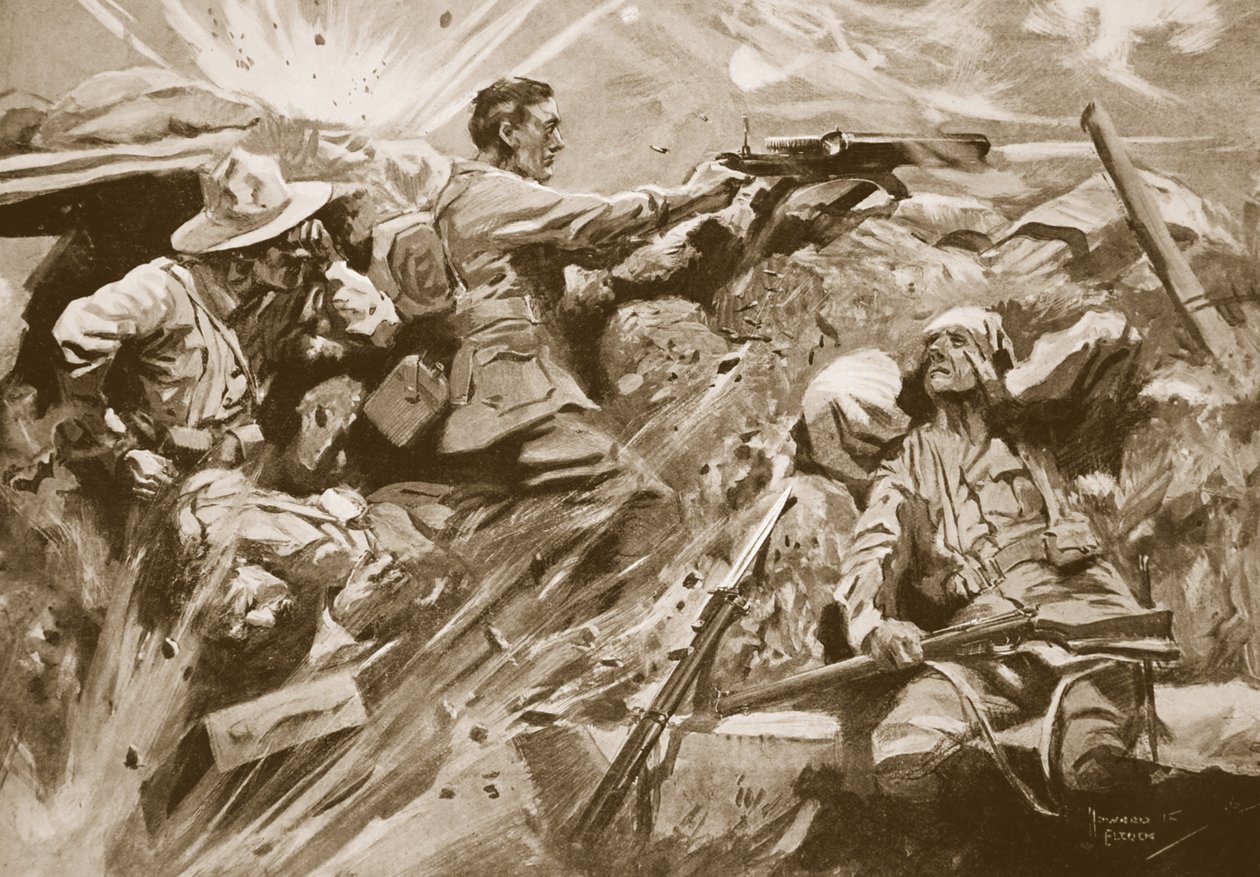 El soldado Cooke continúa disparando su ametralladora después de que todos los miembros del equipo de la ametralladora fueron asesinados o heridos de Howard K. Elcock