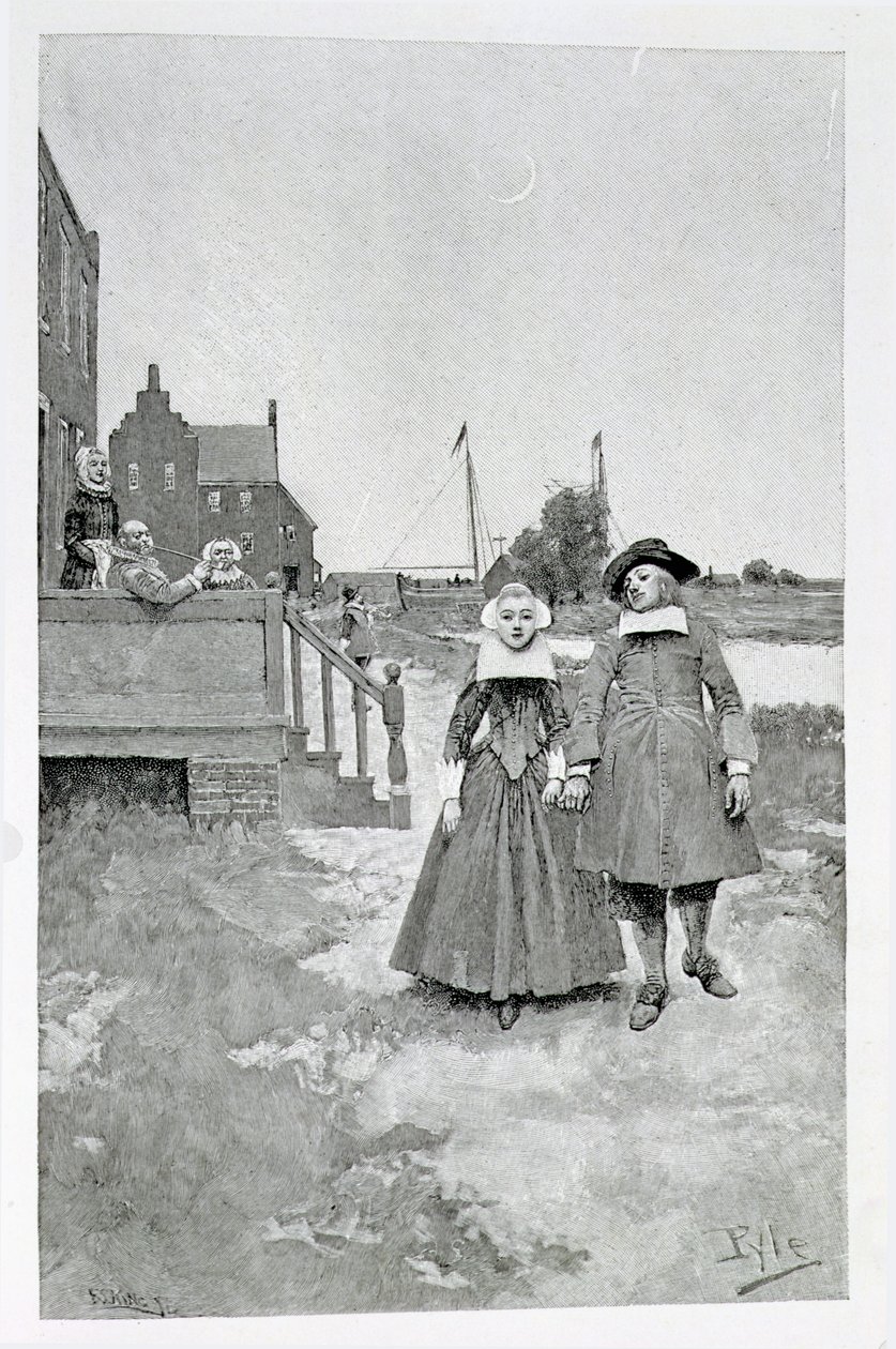 A lo largo del canal en el viejo Manhattan, ilustración de 