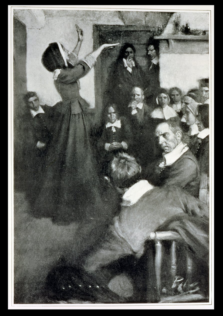 Anne Hutchinson predicando en su casa en Boston, 1637, ilustración de 