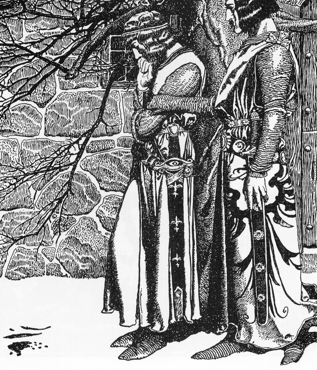 Leyenda Artúrica: El caballero Kay (Keu) y Perceval (Sir Kay y Sir Percival) Ilustración de Howard Pyle (1853-1911) de "La historia de los campeones de la Mesa Redonda" 1905 Colección particular de Howard Pyle
