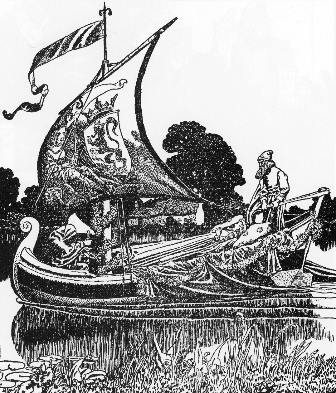 Leyenda Artúrica: La barcaza de los muertos trae el cuerpo del rey Arturo Ilustración de Howard Pyle (1853-1911) de "La historia de Sir Launcelot y sus compañeros" 1907 Colección privada de Howard Pyle