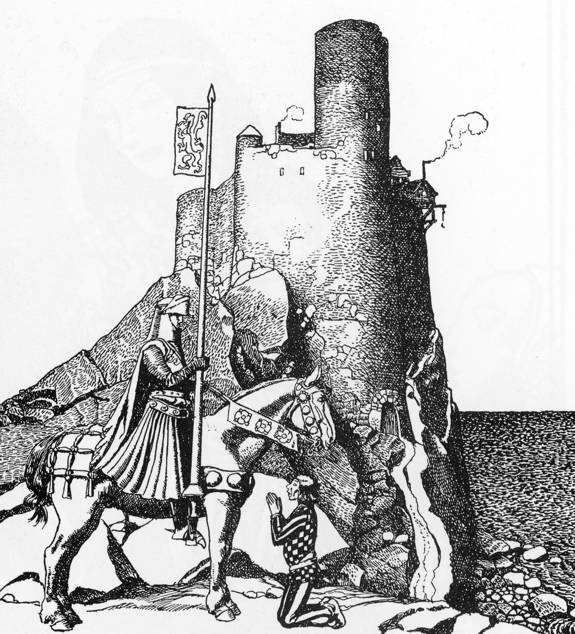 Leyenda Artúrica: Tristan arriving at the Castle of Nabon (Sir Tristam llegando al castillo de Sir Nabon) Ilustración de Howard Pyle (1853-1911) de "The Story of the champions of the round table" 1905 Colección privada de Howard Pyle