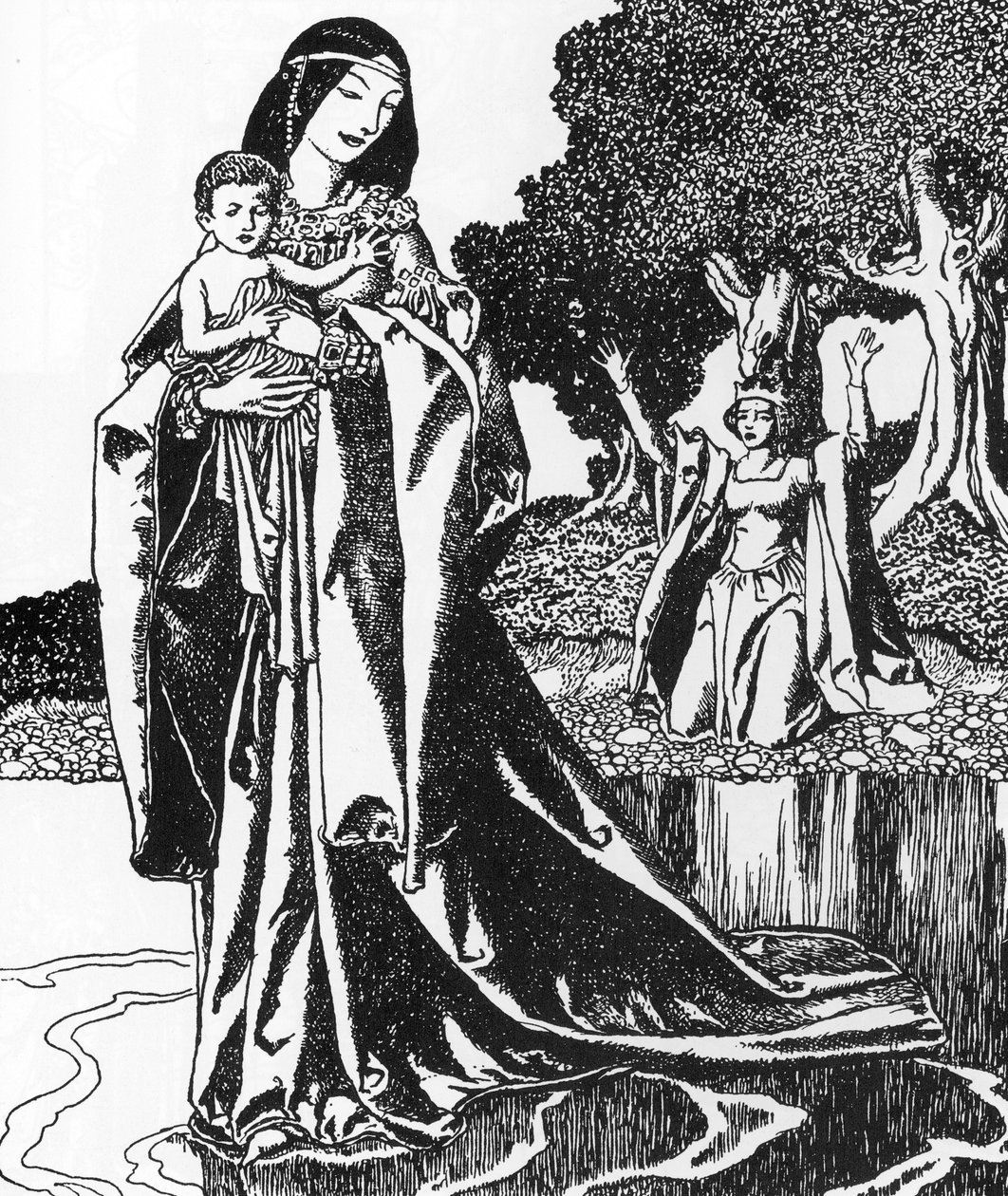 Leyenda Artúrica: la dame du Lac ableve Lancelot enfant (Lancelot es llevado por la Dama del Lago) Ilustración de Howard Pyle (1853-1911) de "La historia de los campeones de la mesa redonda" 1903 Colección particular de Howard Pyle