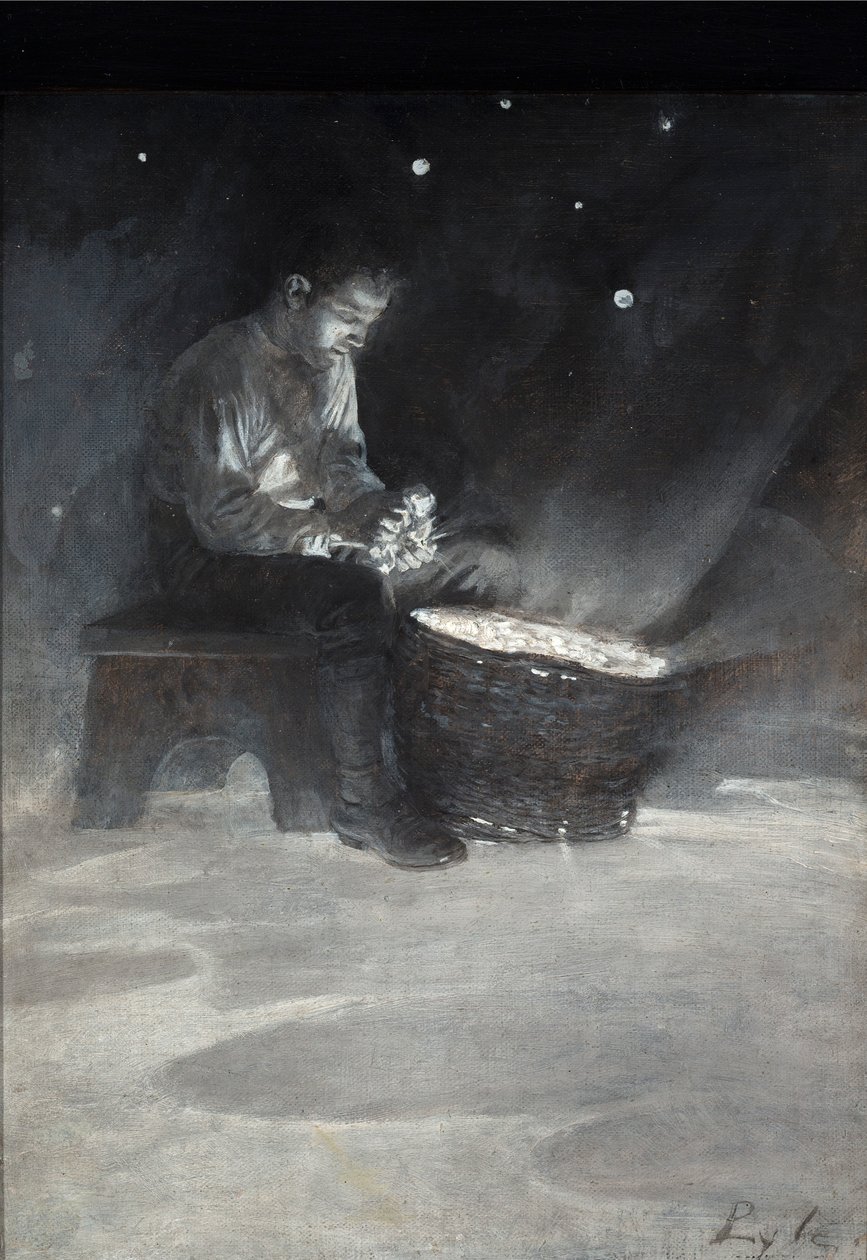 David se sentó en el banco de madera y cogió una gran estrella azul, de "El jardín detrás de la luna" de Howard Pyle, publicado en 1895 (óleo sobre tabla) de Howard Pyle