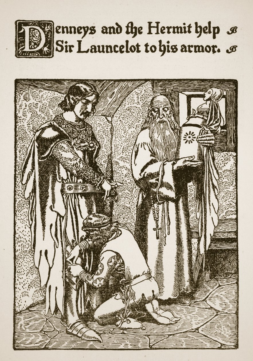 Denneys y el Ermitaño ayudan a Sir Launcelot a ponerse su armadura, ilustración de 