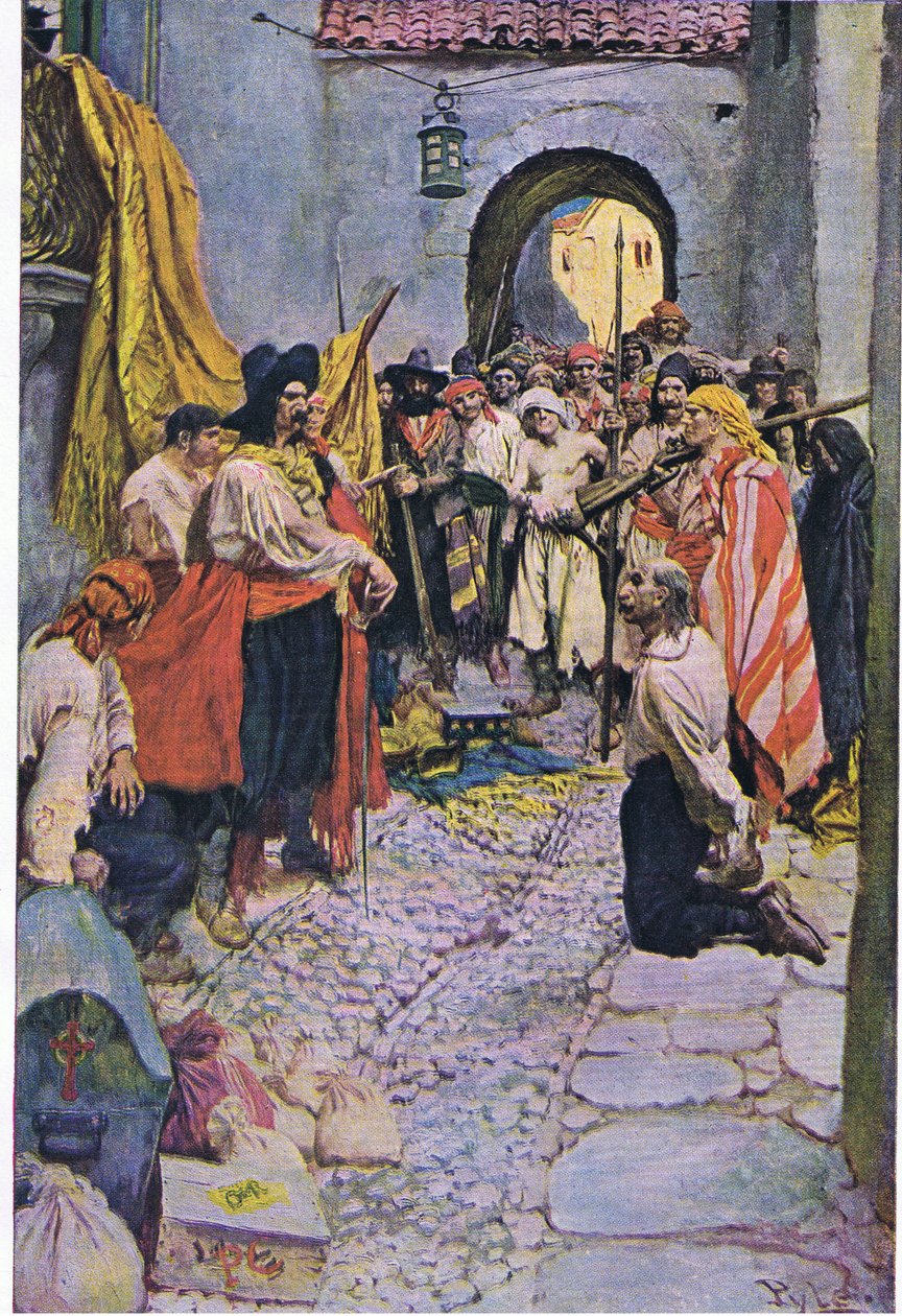 Extorsionando tributo de los ciudadanos, de El Libro de Piratas de Howard Pyle publicado por Harper & Bros, 1921 de Howard Pyle