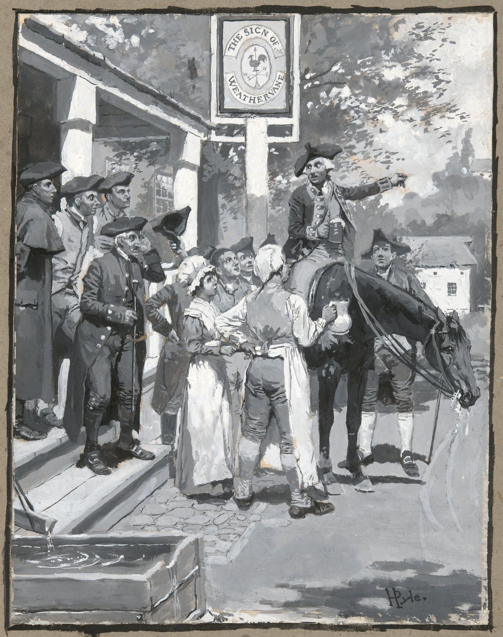 Se detiene ante el signo de la veleta, dibujo de la ilustración del poema de Howard Pyle