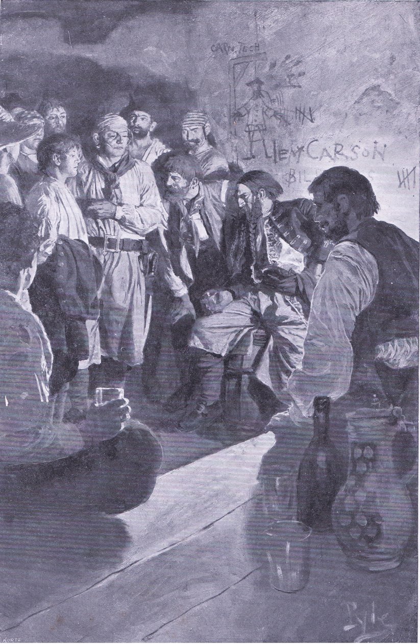Llevó a Jack hasta el hombre que estaba sentado en el barril, de El Libro de Piratas de Howard Pyle publicado por Harper & Bros, 1921 de Howard Pyle