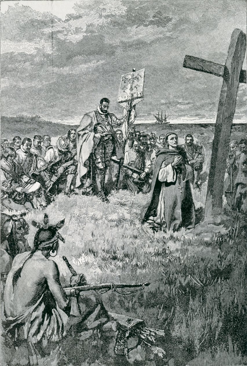 Jacques Cartier (1491-1557) levantando una cruz en Gaspé, ilustración de 