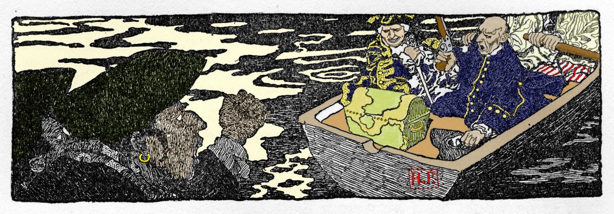 El pirata Jack Ballister "La historia de las fortunas de Jack Ballister" en "Libro de piratas, bucaneros y filibusteros del Mar Caribe", ilustrado por Howard Pyle (1853-1911), ilustrador estadounidense de Howard Pyle