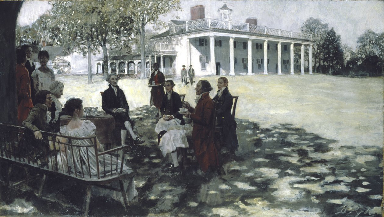 Martha y George Washington entreteniendo a sus amigos en el césped de Mount Vernon, 1898 de Howard Pyle