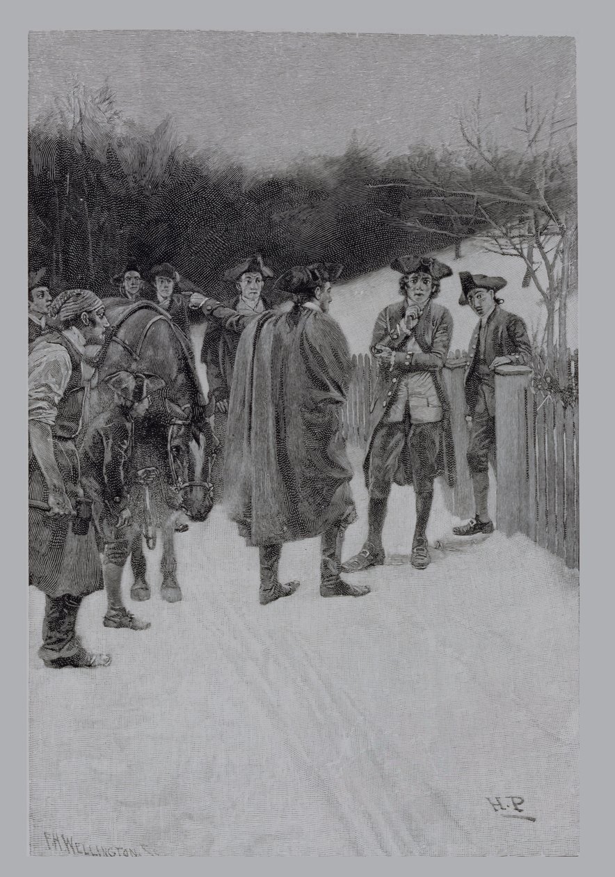 Paul Revere trayendo noticias a Sullivan, grabado por F.H. Wellington, ilustración de 