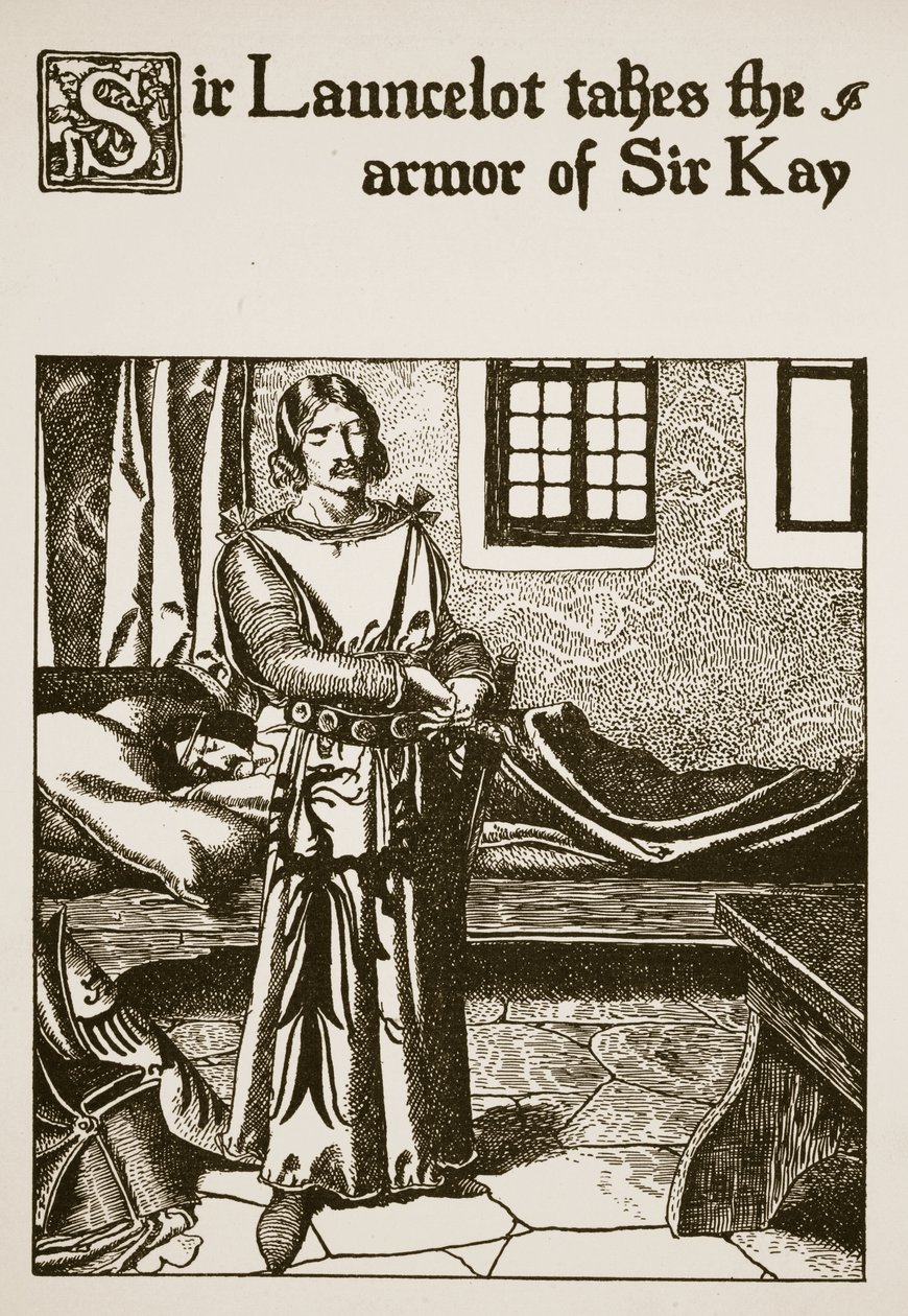 Sir Launcelot toma la armadura de Sir Kay, ilustración de 