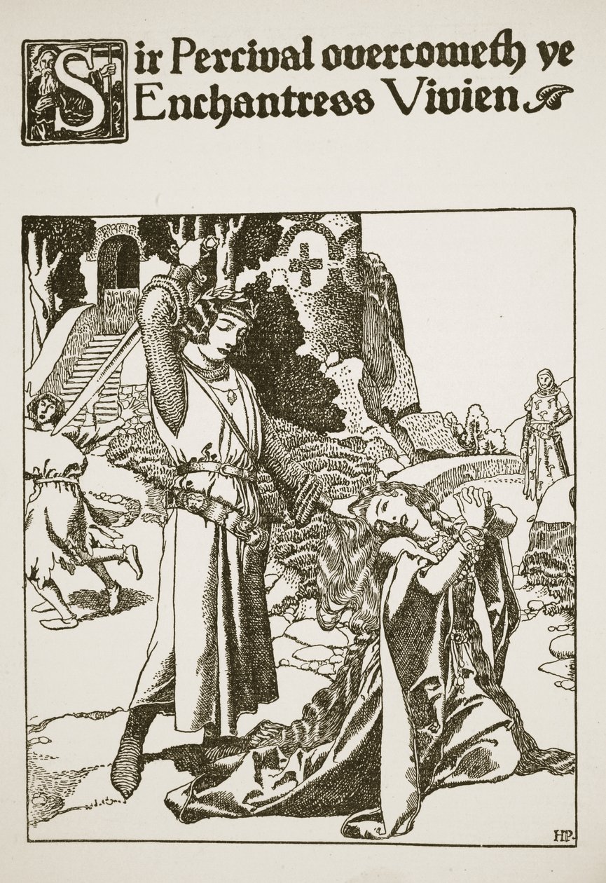Sir Percival vence a la hechicera Vivien, ilustración de 