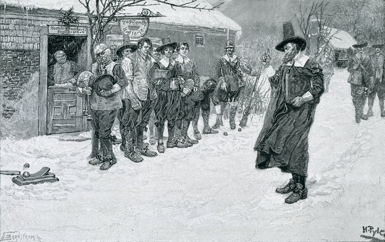 El gobernador puritano interrumpe los deportes navideños, grabado por J. Bernstrom, ilustración de 