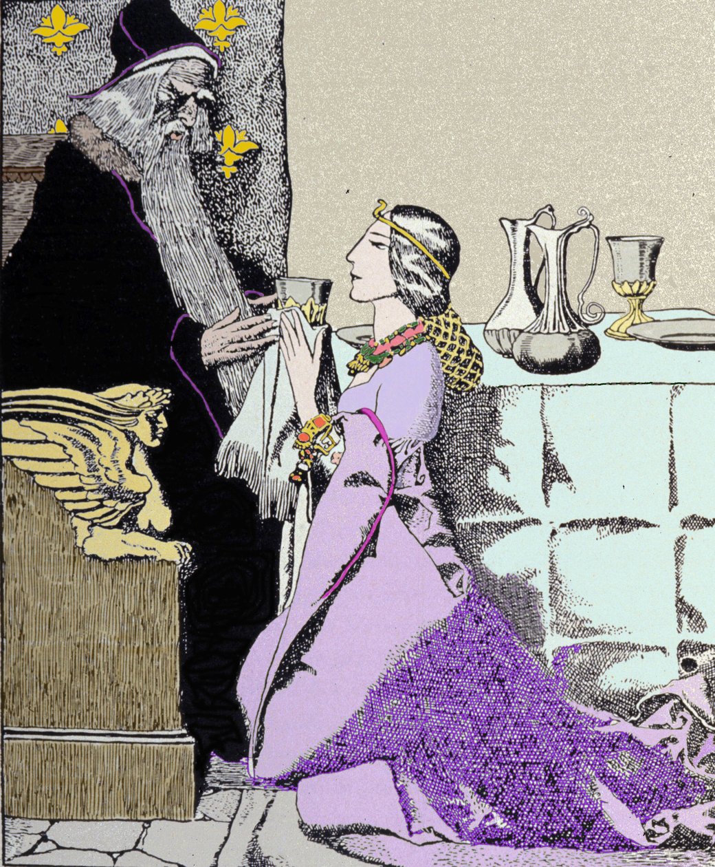El hada Viviane cautiva a Merlín el Encantador. Ilustración de Howard Pyle (1853 - 1911), ilustrador estadounidense de Howard Pyle