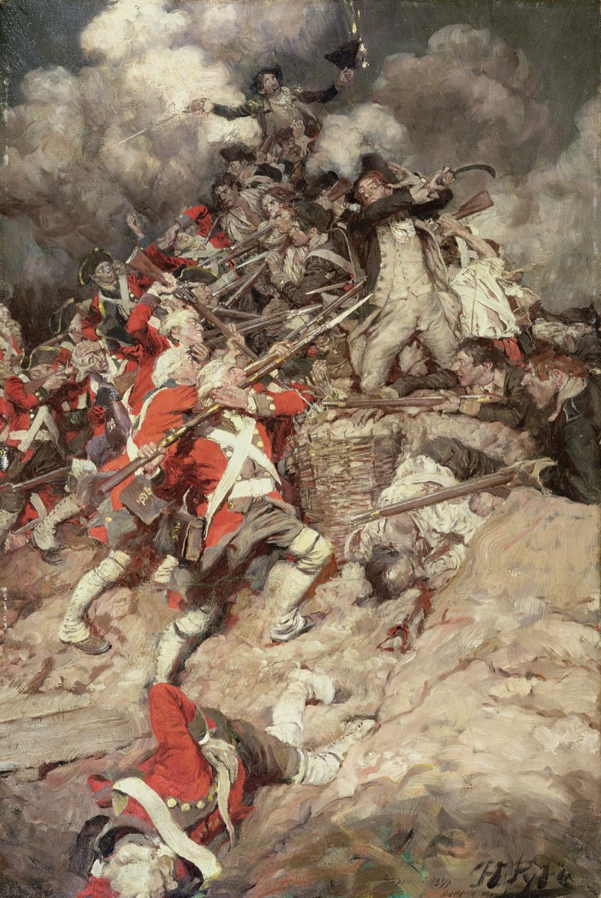 Subieron al parapeto y se dirigieron a la cima, Pell Mell, sobre los británicos, o La batalla de Yorktown, de "Janice Meredith" de Paul Leicester Ford (1865-1902), publicado en 1899 (óleo sobre lienzo) de Howard Pyle
