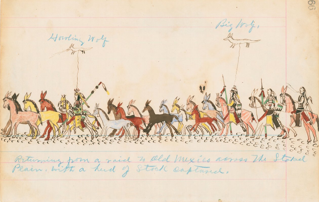 Regresando de una incursión a Viejo México a través de las Llanuras Estacadas con un rebaño capturado, 1874-75 de Howling Wolf