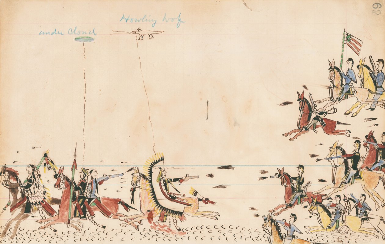 Bajo la nube y el lobo aullador luchan con el General Sully en 1868, 7ª Caballería cerca del Campamento Supply, 1874-75 de Howling Wolf