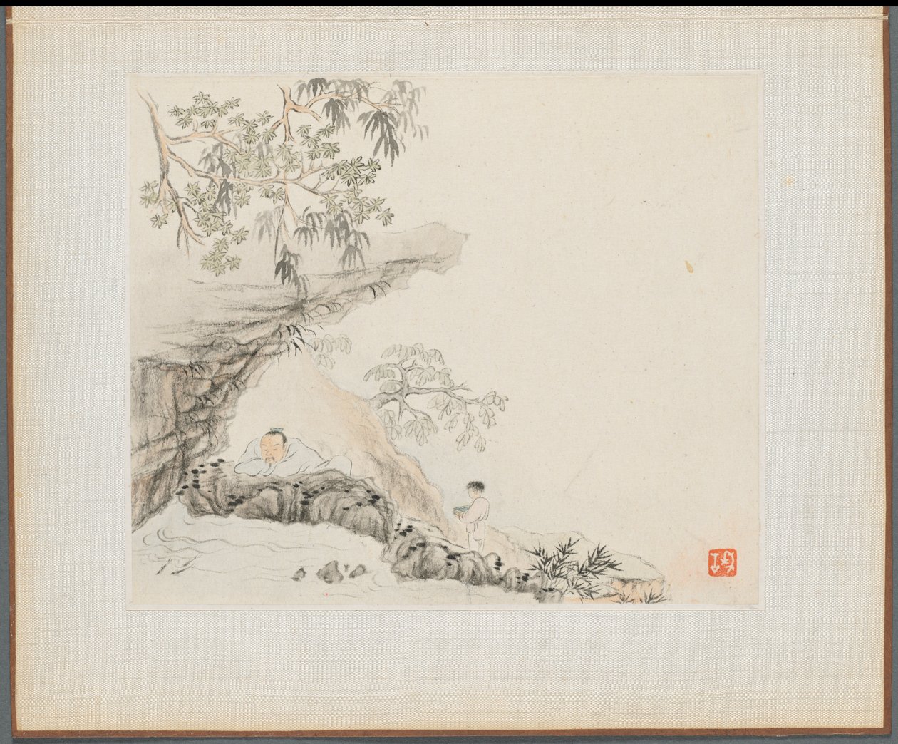 Album of Landscape Paintings Illustrating Old Poems:  A Man Lies under a Rocky Overhang; a Boy Stands to his Right de Hua Yan
