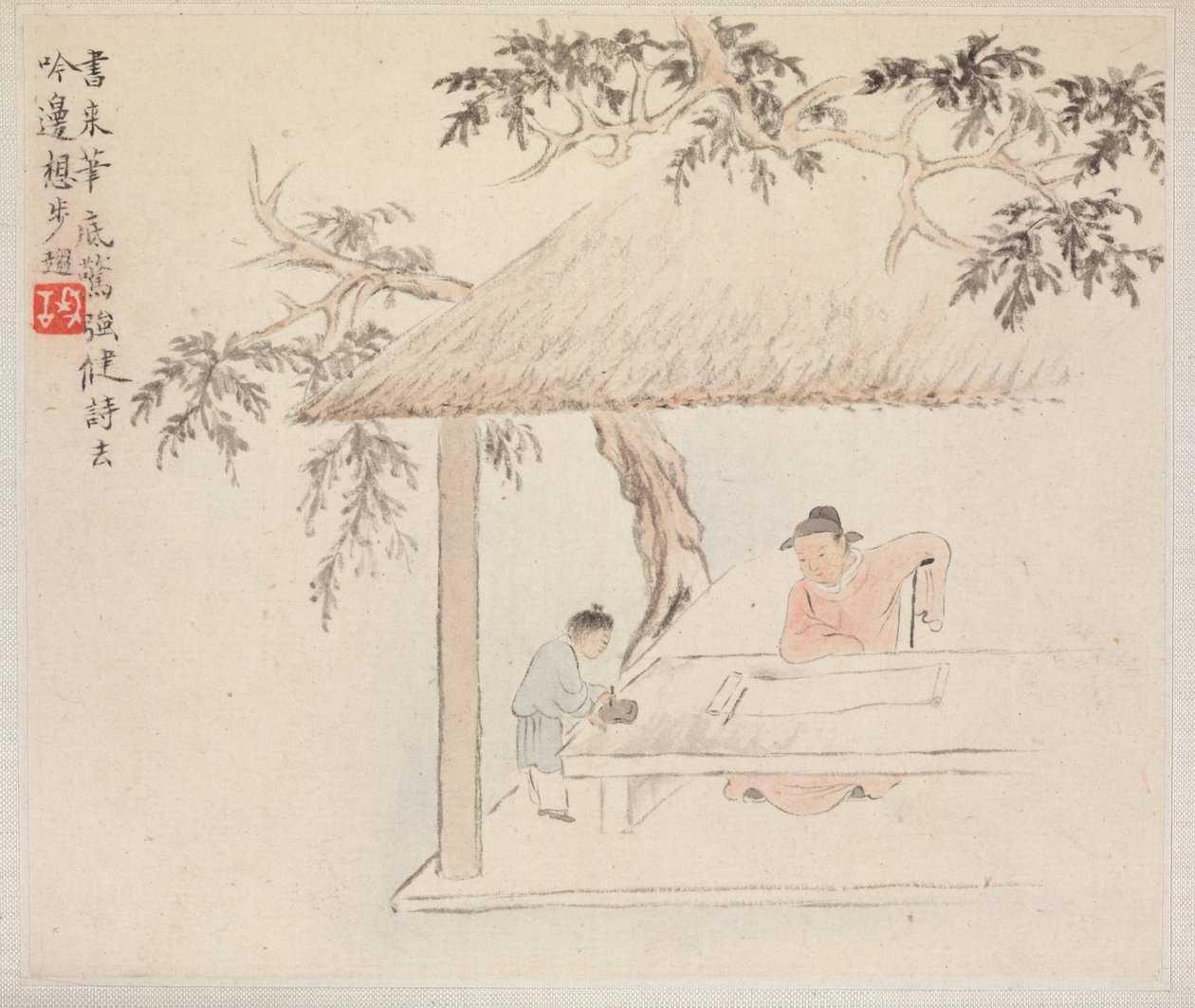 Álbum de Pinturas de Paisajes Ilustrando Viejos Poemas: Un Hombre Se Sienta en una Mesa..., 1700s de Hua Yan