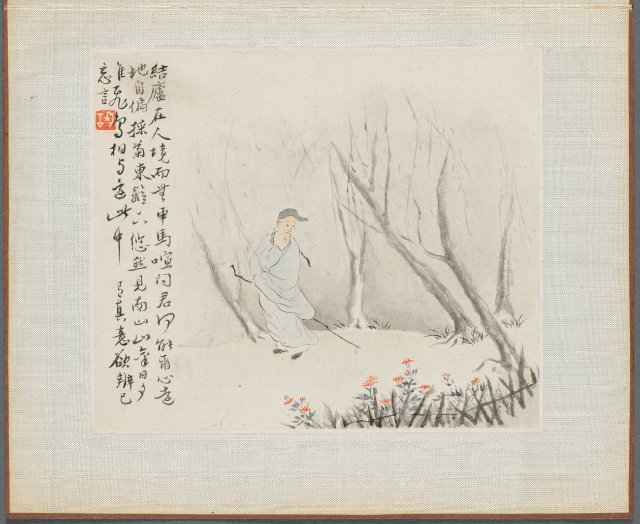 Álbum de pinturas de paisajes que ilustran viejos poemas: Un anciano con un bastón, 1700s de Hua Yan