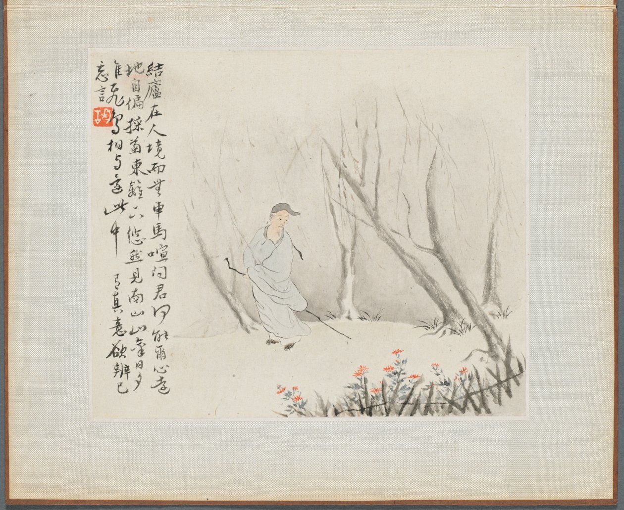 Album of Landscape Paintings Illustrating Old Poems:  An Old Man with a Staff walks a Wooded Path de Hua Yan