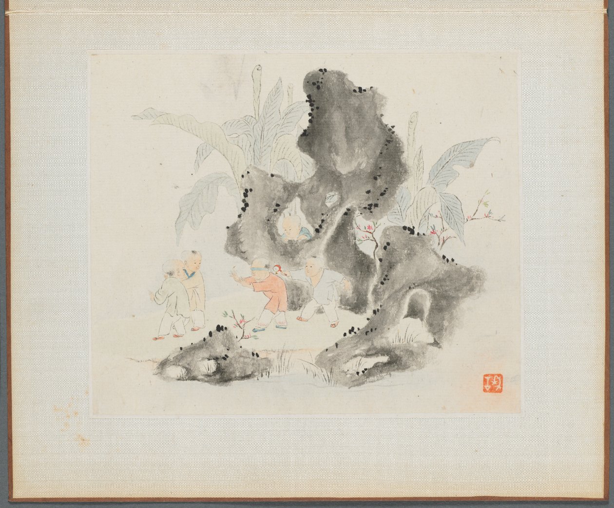Álbum de pinturas de paisajes que ilustran viejos poemas: Niños jugando en un bosque rocoso de Hua Yan