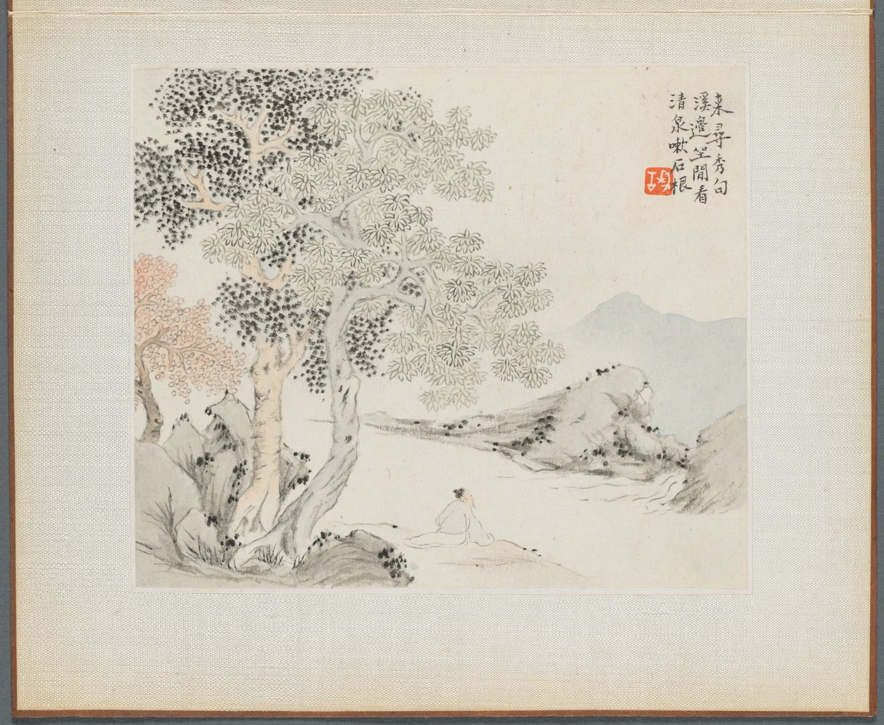 Álbum de Pinturas de Paisajes Ilustrando Viejos Poemas: Tres Grandes Árboles, un Arroyo..., 1700s de Hua Yan