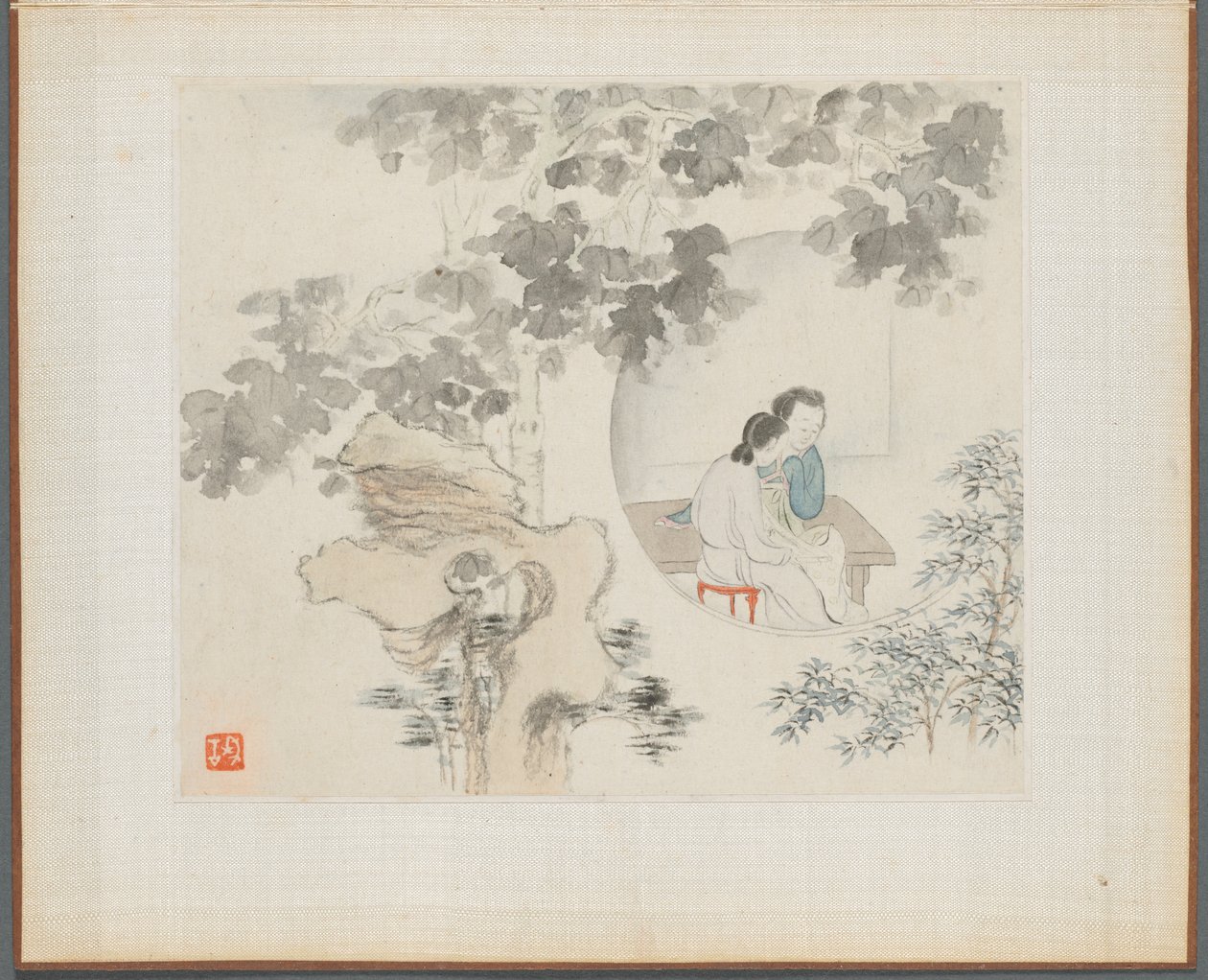 Álbum de pinturas de paisajes que ilustran viejos poemas: Dos mujeres sentadas en una mesa..., 1700s de Hua Yan