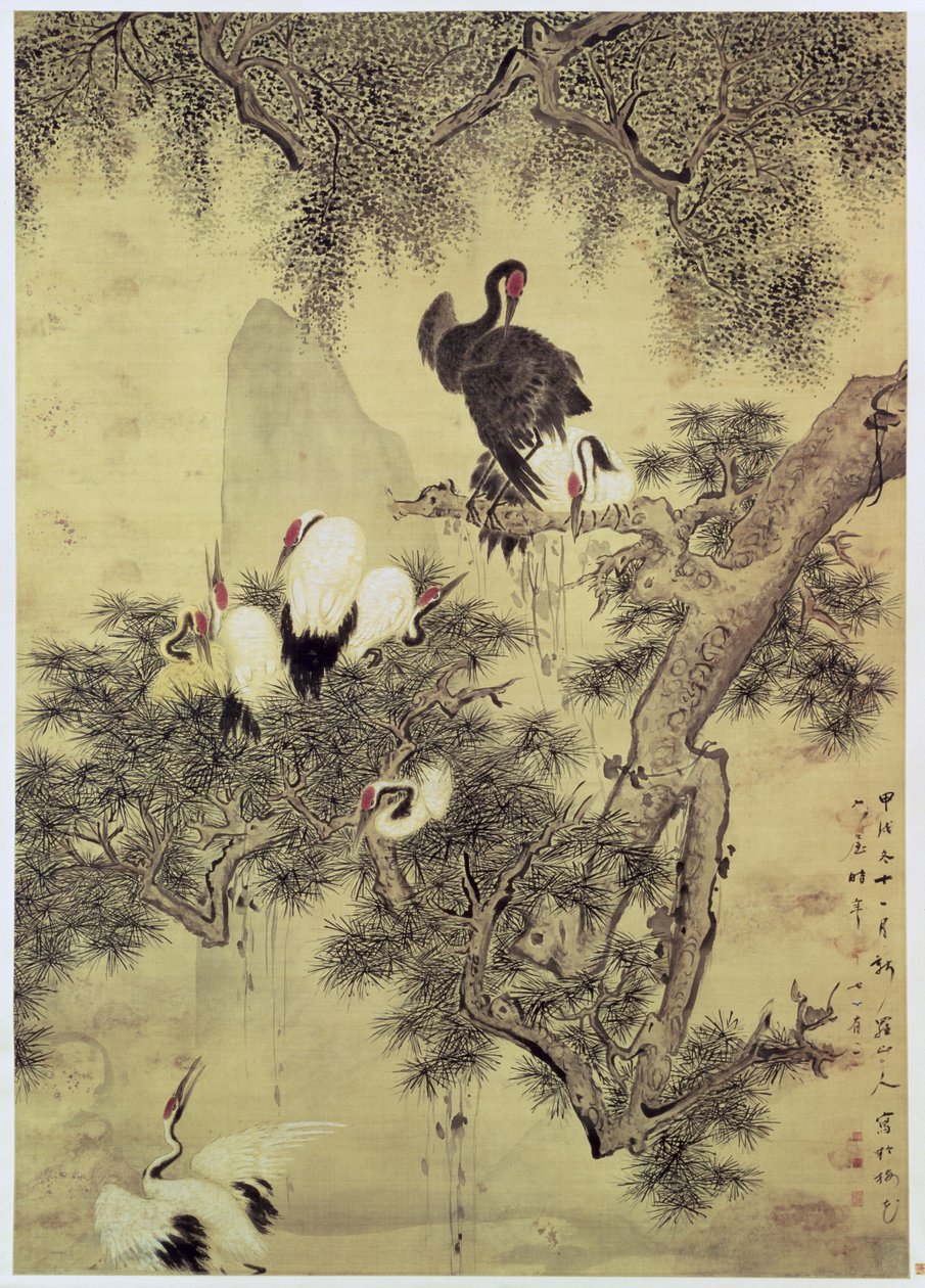 Ocho garzas de cresta roja en un pino, 1754 de Hua Yan